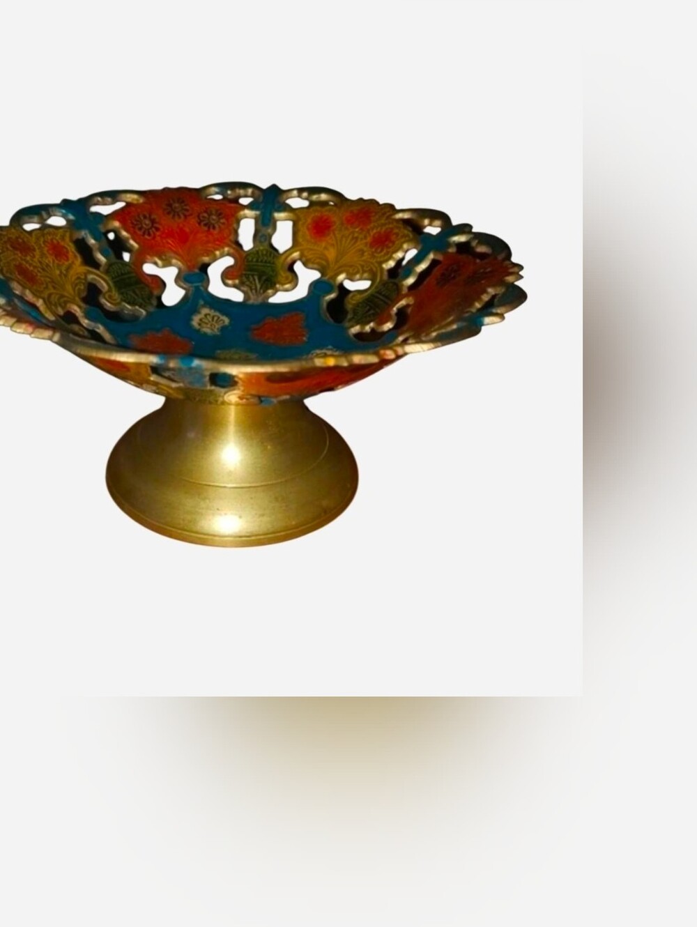 Handcrafted Multicolor Decorative Pedestal Bowl - Brass Finish